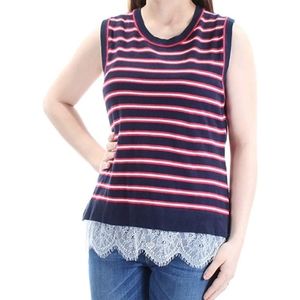 TOMMY HILFIGER NAVY RED STRIPED LACE SLEEVELES TOP